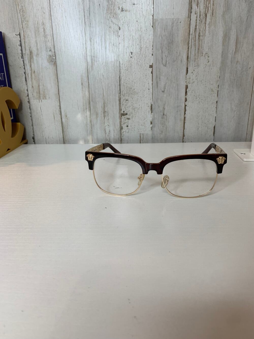 Versace Prescription Eyeglasses Frame Brown Gold Semi-Rimless Clubmaster Medusa